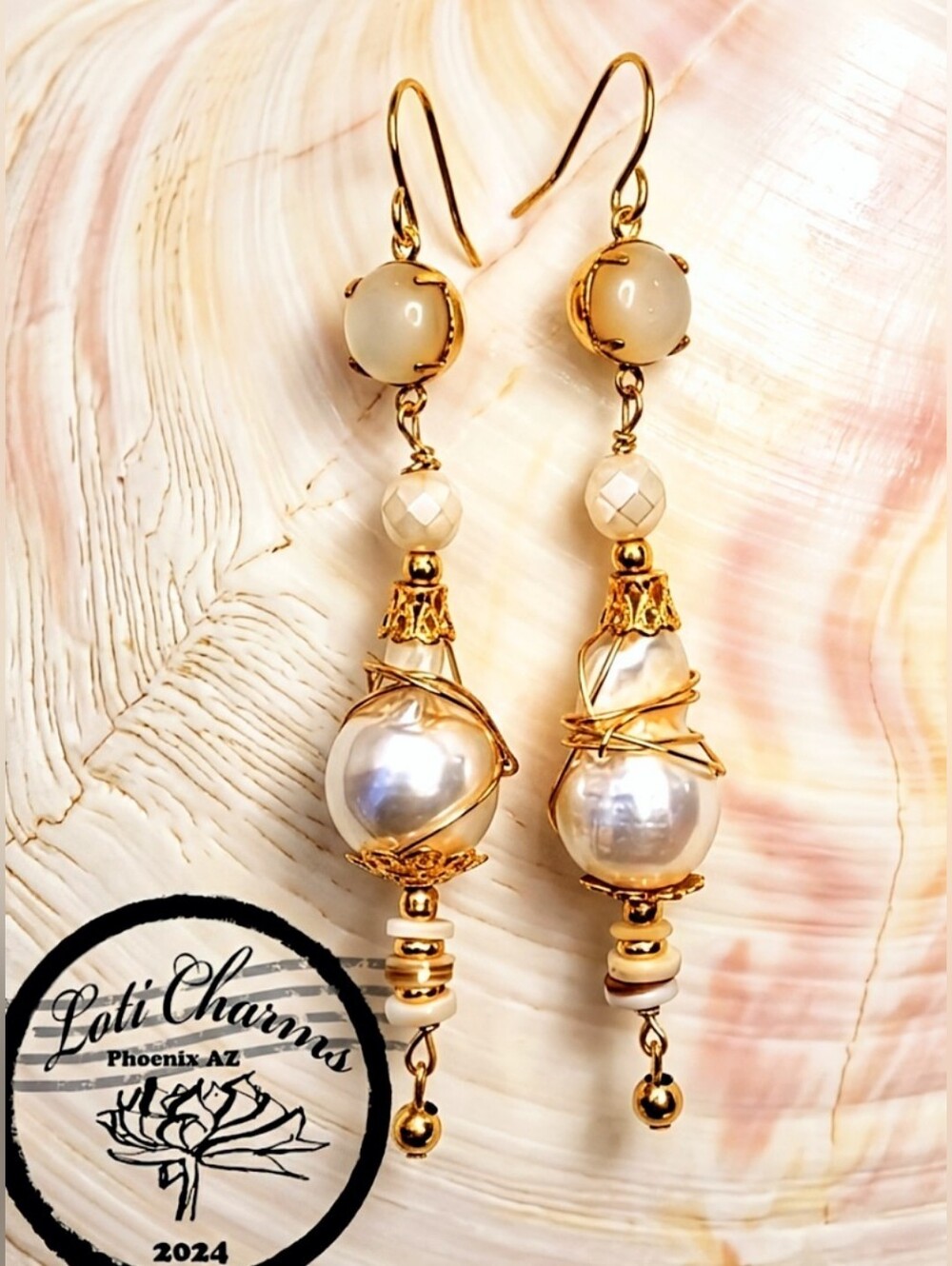 Genuine Sparkling Moonstone  In Long Gold Plated Earrings W/ Large Baroque Pearl